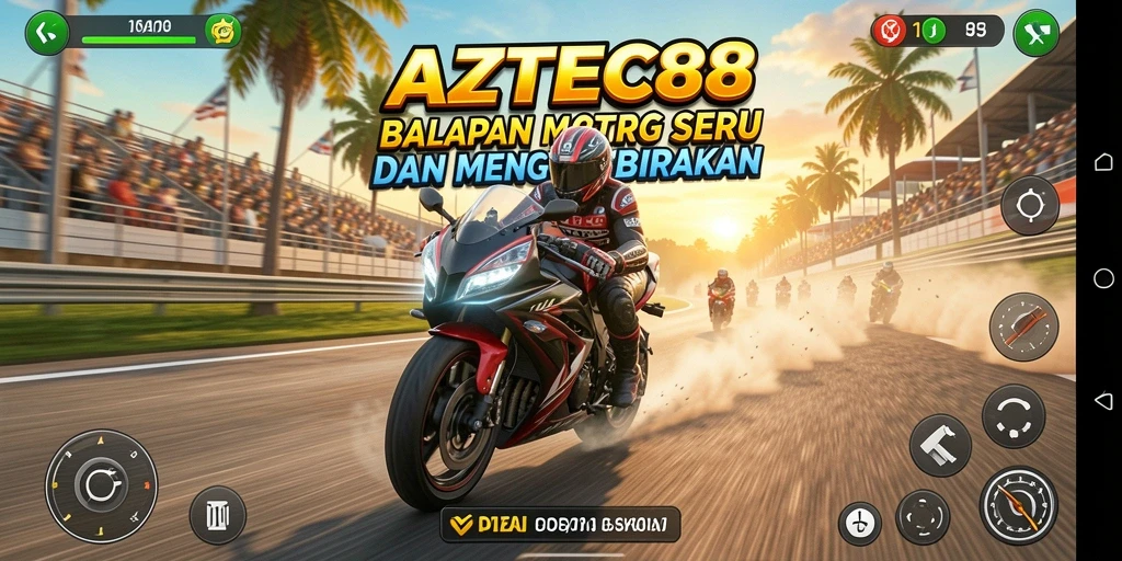 Gameplay seru AZTEC88 dengan balapan motor menegangkan.