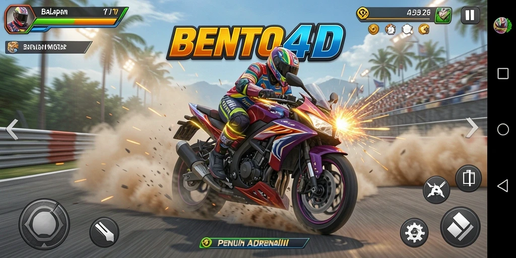 Screenshot gameplay BENTO4D menunjukkan aksi balapan motor yang mendebarkan.