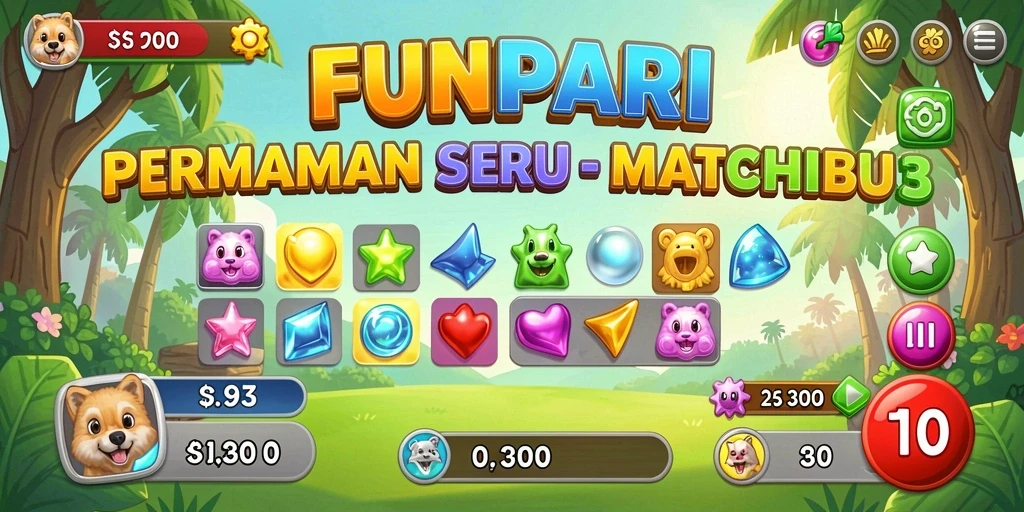 Tampilan gameplay <strong>FUNPARI</strong> dengan berbagai kombinasi Match-3 yang menarik.
