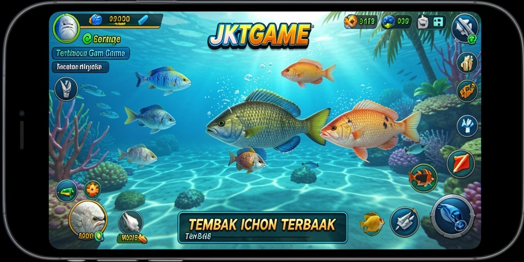 Tampilan gameplay seru dari JKTGAME dengan ikan dan senjata yang beragam.
