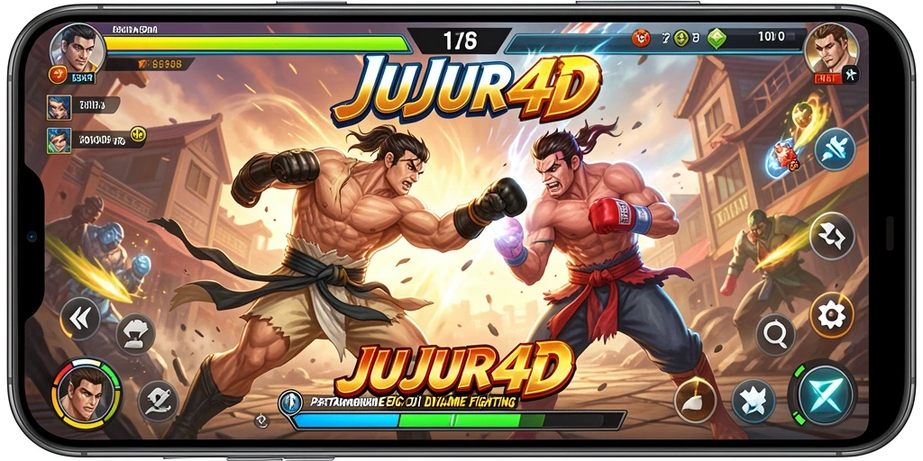 Screenshot JUJUR4D menampilkan pertarungan yang intens antara karakter di arena.