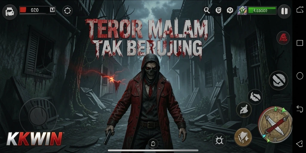 Screenshot gameplay KKWIN menampilkan suasana menyeramkan di sebuah rumah angker.