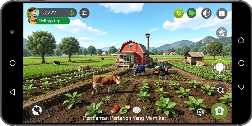 Tangkapan layar QQ222 menunjukkan petani yang sedang beraktivitas di ladang dengan tanaman yang hijau subur.