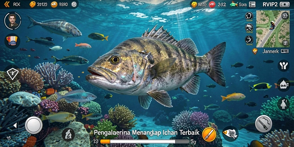 Screenshot gameplay RVIP2 menunjukkan momen menangkap ikan yang seru.