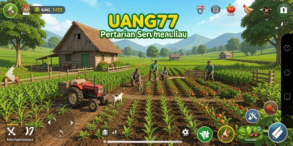 Tampilan gameplay UANG77 yang menunjukkan aktivitas pertanian.